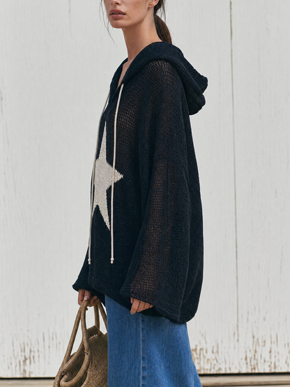 Oversized Mesh Knit Star Hooded Sweater Top