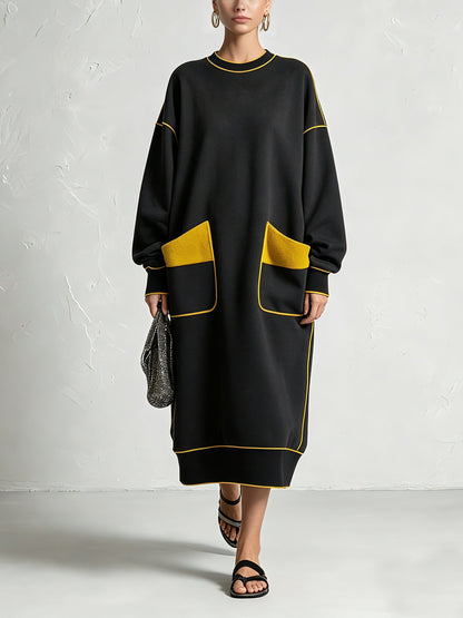 Women’s Oversized Black Midi Dress With Contrast Yellow Piping & Statement Pockets