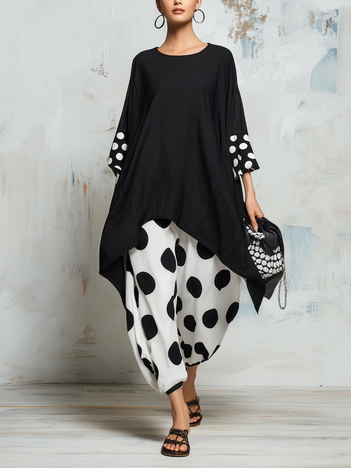 Polka Dot Two-Piece Set – Oversized Black Tunic Top & Wide-Leg Pants