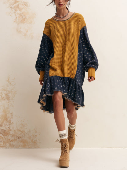 Color Block Knit Mini Dress – Oversized Patchwork Sweater Dress