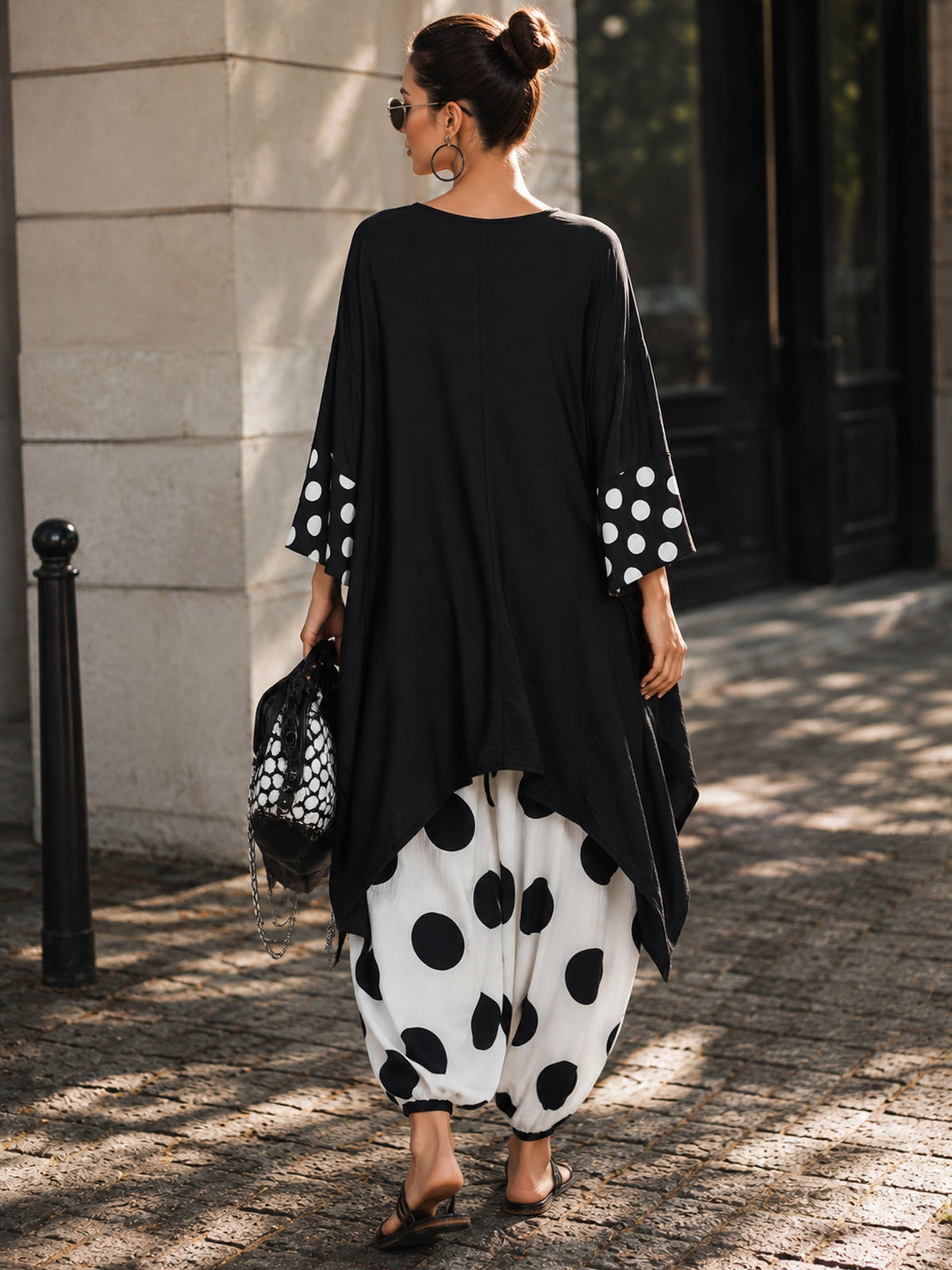 Polka Dot Two-Piece Set – Oversized Black Tunic Top & Wide-Leg Pants