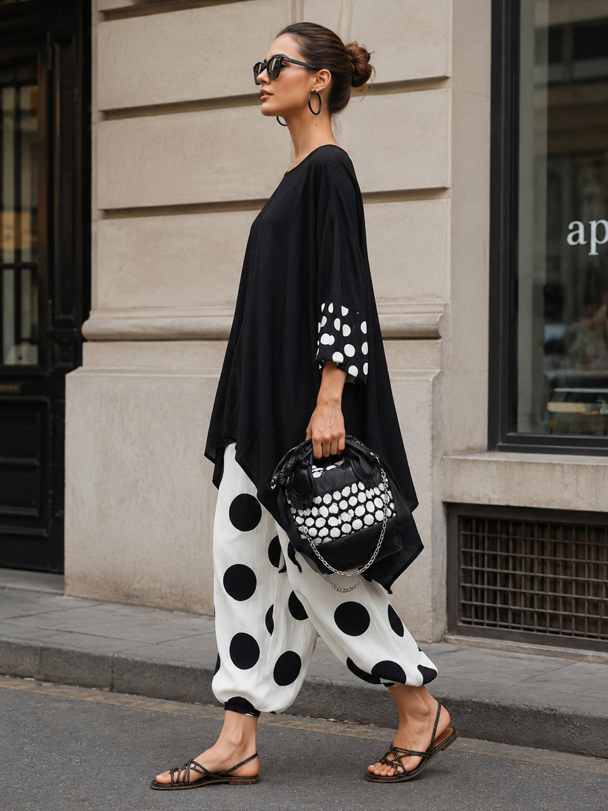 Polka Dot Two-Piece Set – Oversized Black Tunic Top & Wide-Leg Pants