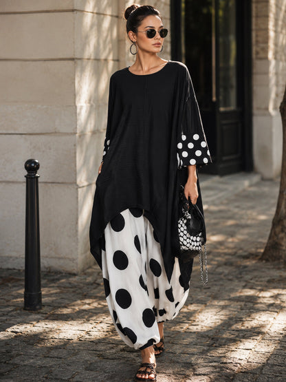 Polka Dot Two-Piece Set – Oversized Black Tunic Top & Wide-Leg Pants