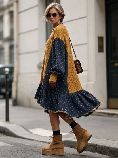 Color Block Knit Mini Dress – Oversized Patchwork Sweater Dress