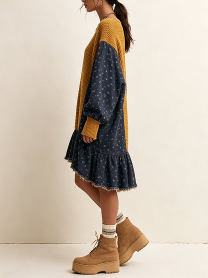Color Block Knit Mini Dress – Oversized Patchwork Sweater Dress