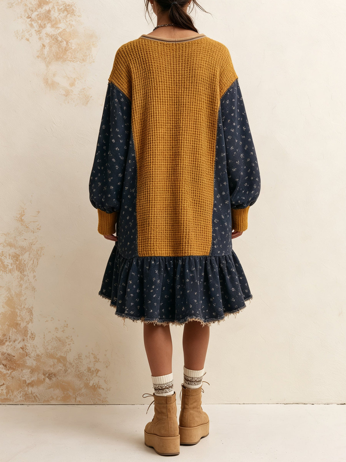 Color Block Knit Mini Dress – Oversized Patchwork Sweater Dress