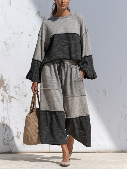 Grey Color Block Raw Edge Loungewear Set, Loose Ruffle Sleeve Top & Wide Leg Pants Two Piece Outfit