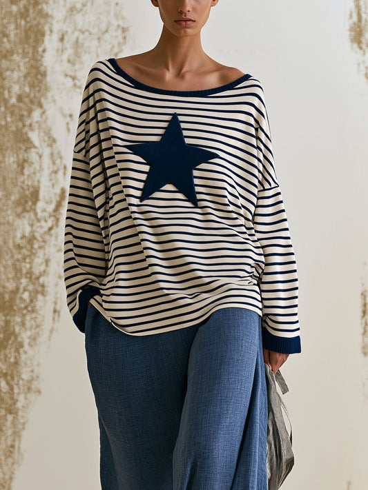 Oversized Boat Neck Striped Star Patch Long Sleeve Top