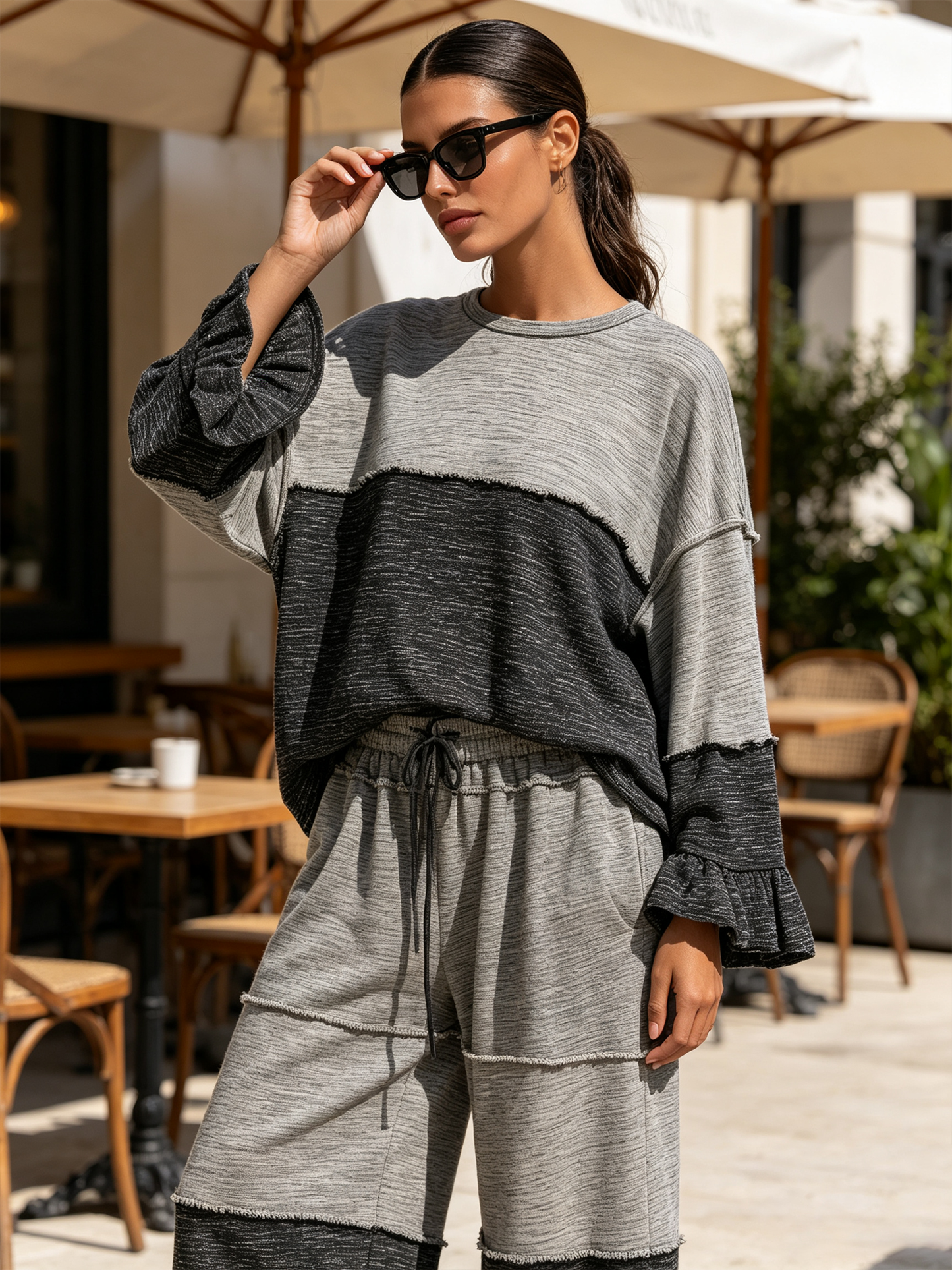 Grey Color Block Raw Edge Loungewear Set, Loose Ruffle Sleeve Top & Wide Leg Pants Two Piece Outfit