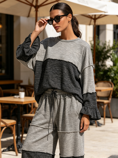 Grey Color Block Raw Edge Loungewear Set, Loose Ruffle Sleeve Top & Wide Leg Pants Two Piece Outfit