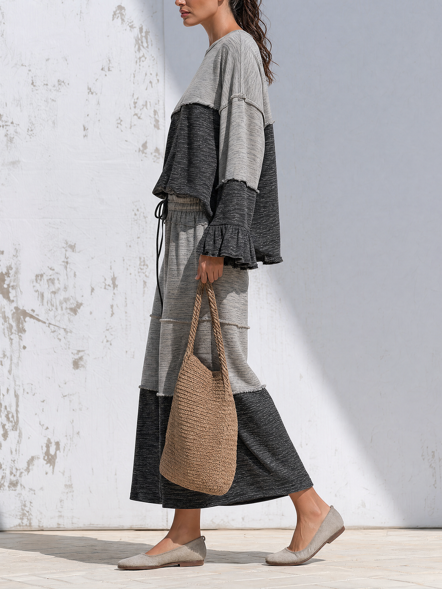 Grey Color Block Raw Edge Loungewear Set, Loose Ruffle Sleeve Top & Wide Leg Pants Two Piece Outfit