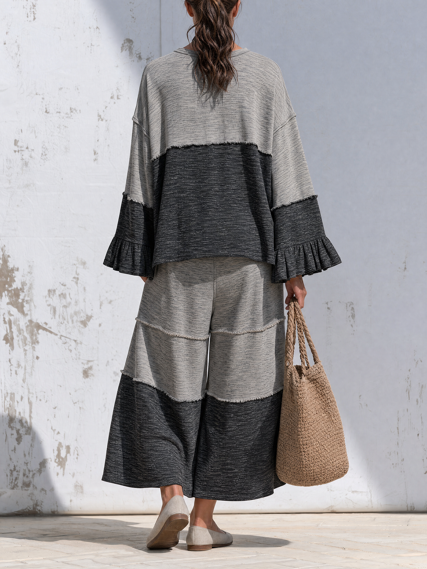 Grey Color Block Raw Edge Loungewear Set, Loose Ruffle Sleeve Top & Wide Leg Pants Two Piece Outfit