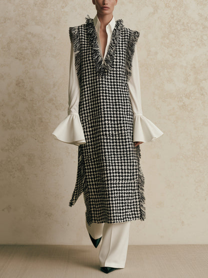 Fringe Trim Houndstooth Sleeveless Midi Dress