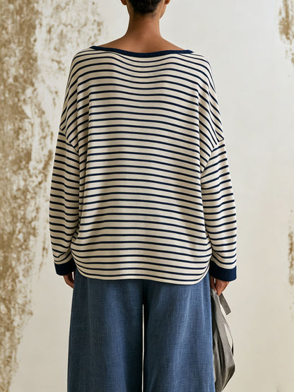 Oversized Boat Neck Striped Star Patch Long Sleeve Top