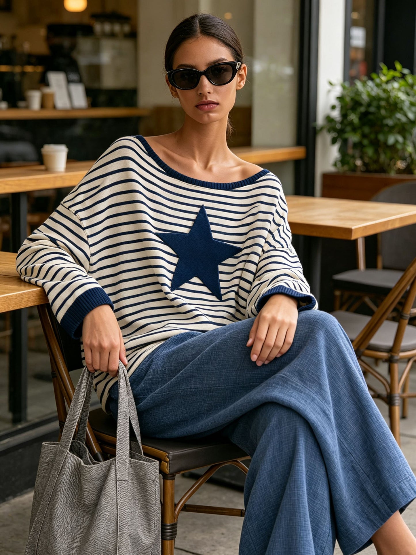 Oversized Boat Neck Striped Star Patch Long Sleeve Top