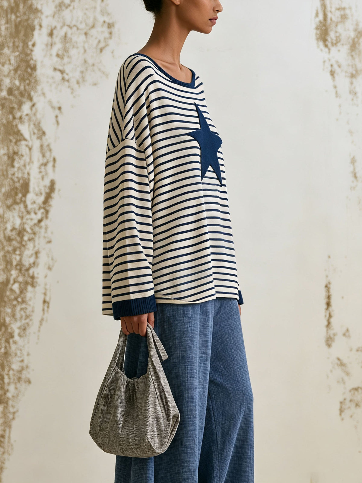Oversized Boat Neck Striped Star Patch Long Sleeve Top