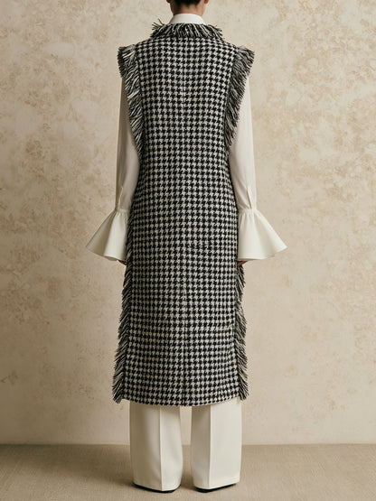 Fringe Trim Houndstooth Sleeveless Midi Dress