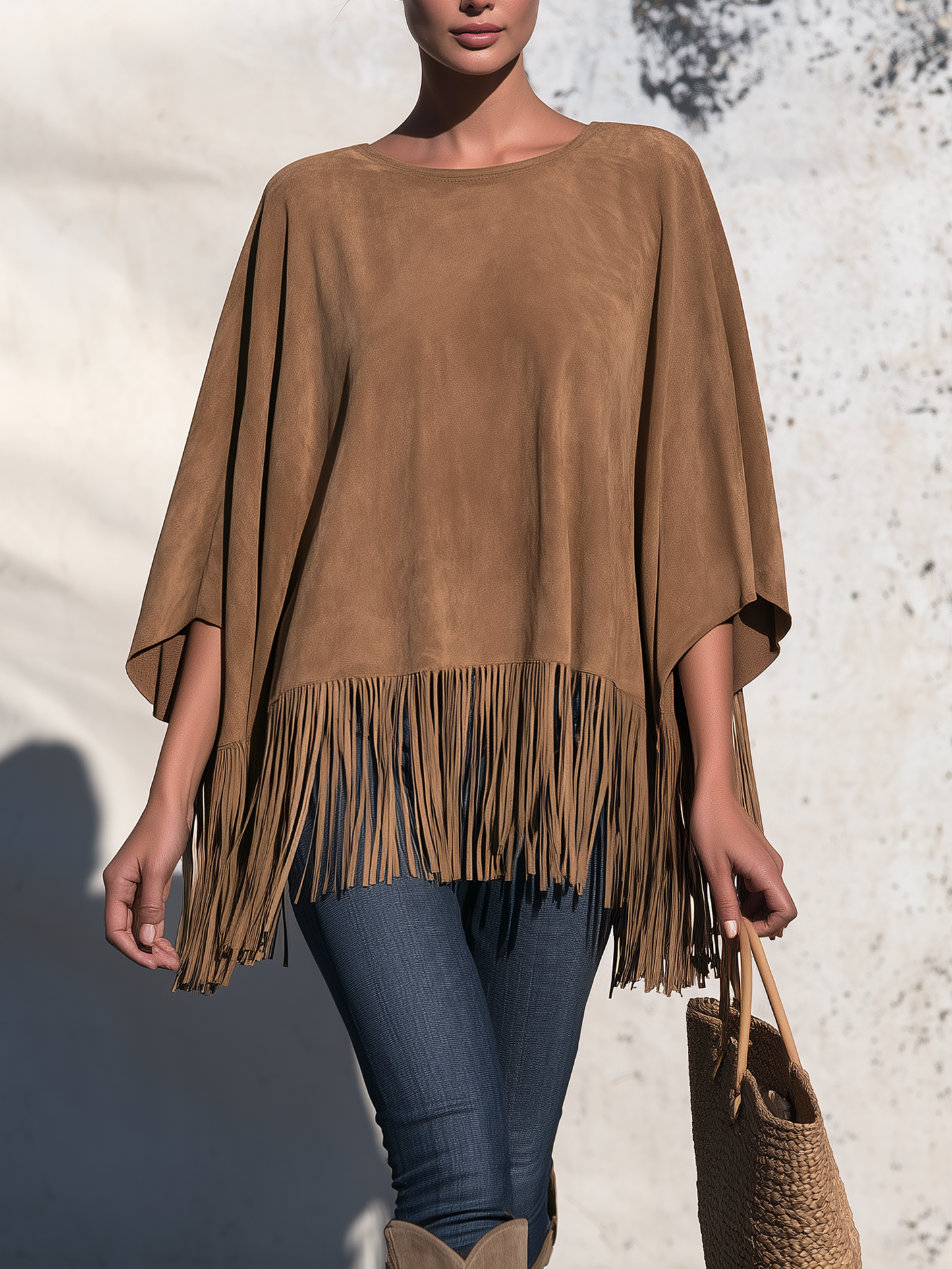 Tan Suede Fringe Poncho Top, Oversized Round Neck Cape Tassel Blouse