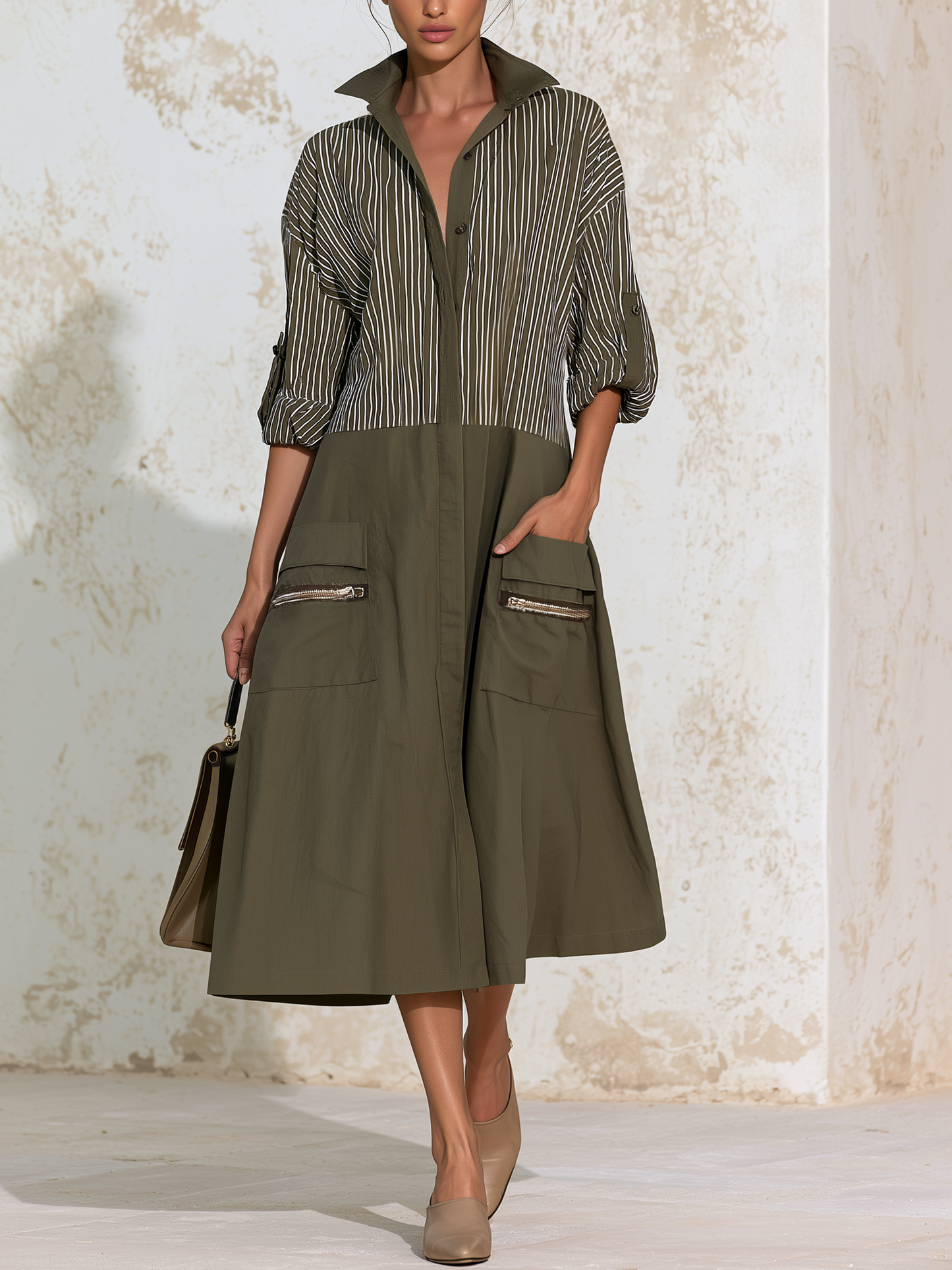 Color‑Block Stripe Patch Pocket Utility Shirt Midi Dress