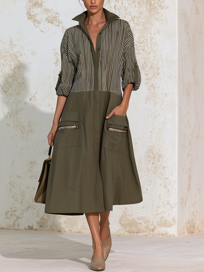 Color‑Block Stripe Patch Pocket Utility Shirt Midi Dress