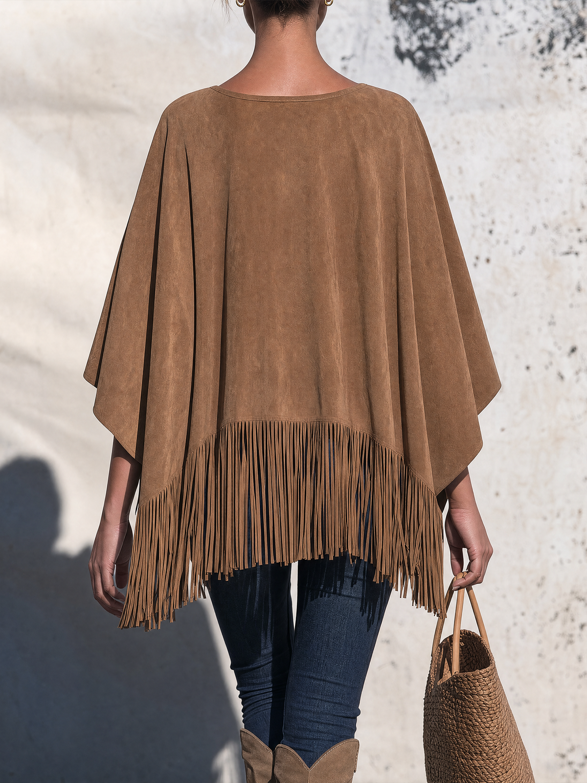 Tan Suede Fringe Poncho Top, Oversized Round Neck Cape Tassel Blouse