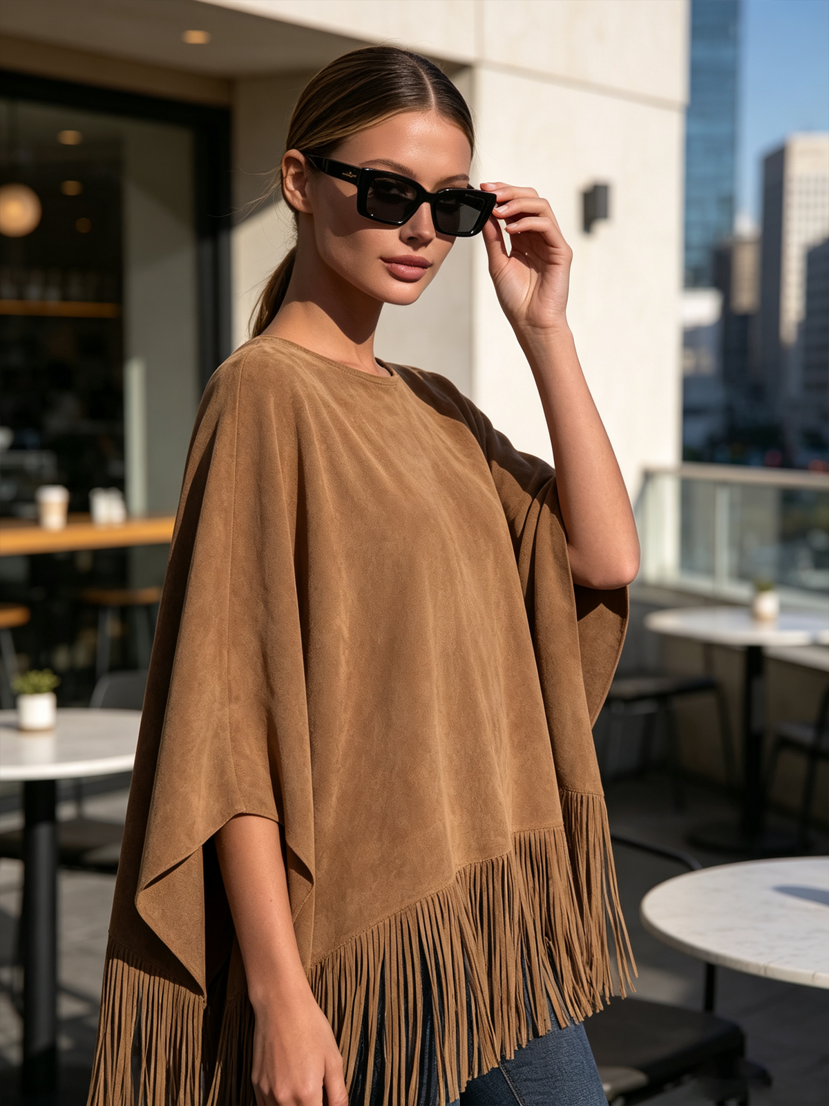 Tan Suede Fringe Poncho Top, Oversized Round Neck Cape Tassel Blouse