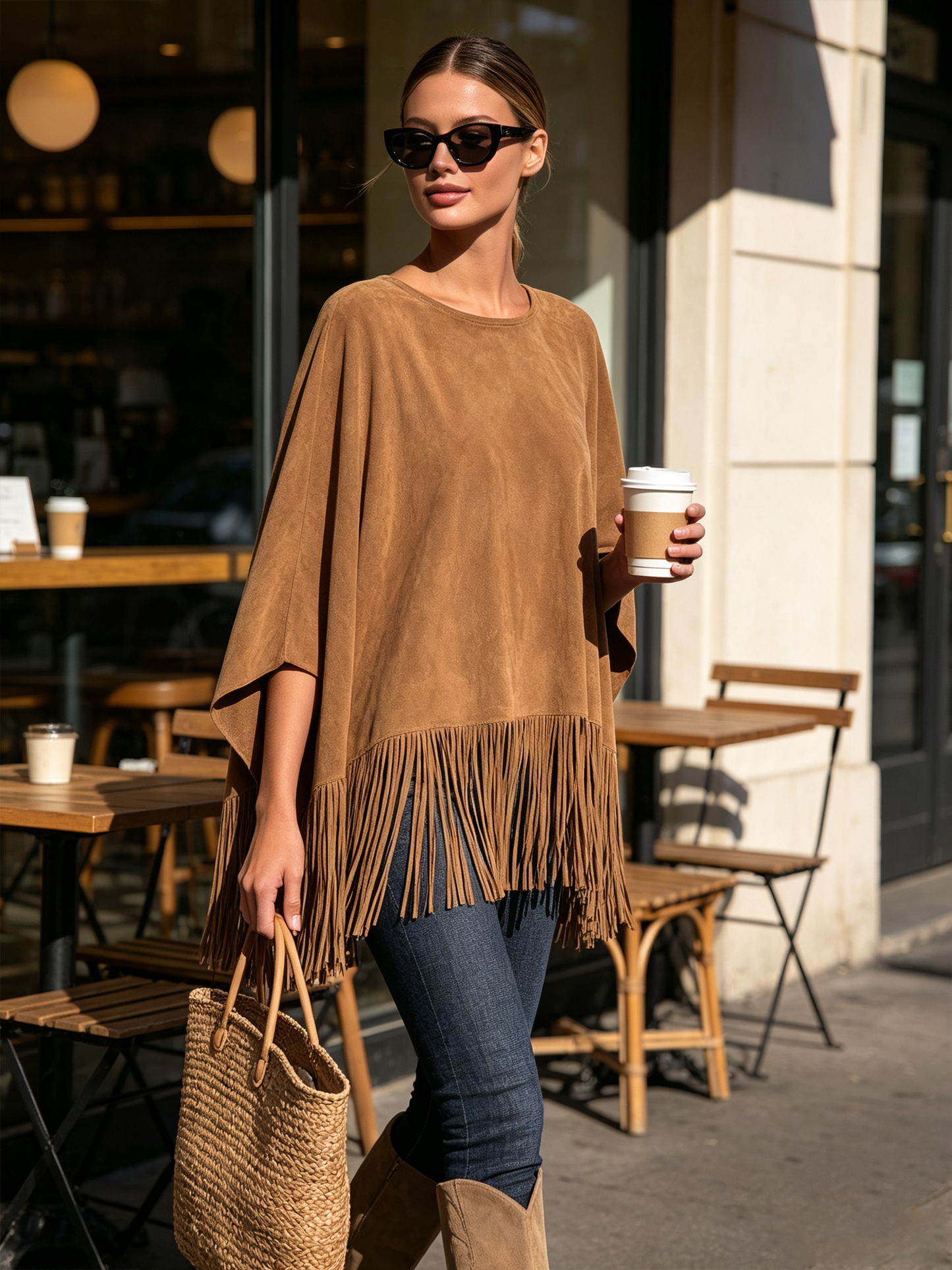 Tan Suede Fringe Poncho Top, Oversized Round Neck Cape Tassel Blouse