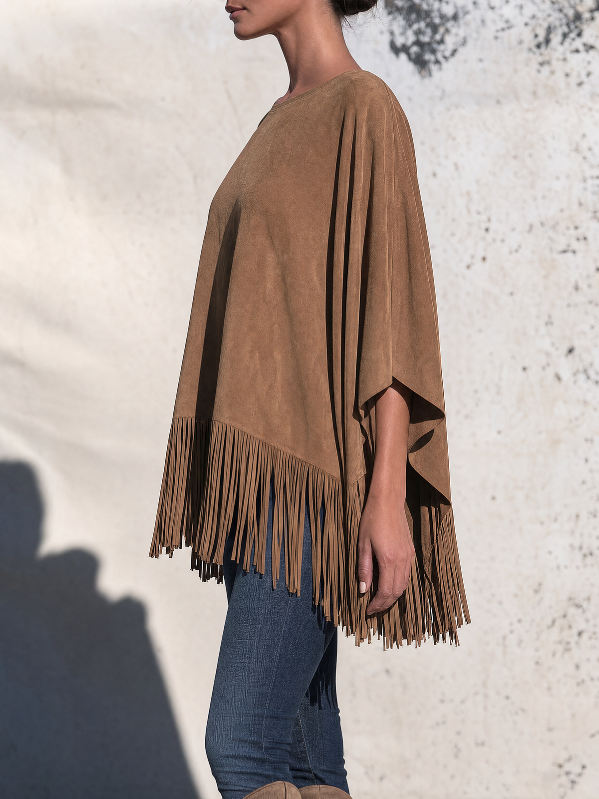 Tan Suede Fringe Poncho Top, Oversized Round Neck Cape Tassel Blouse