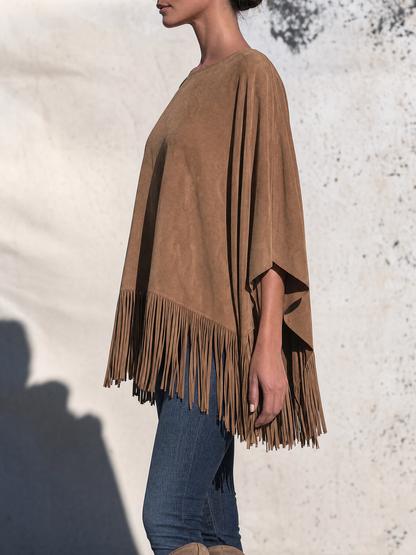 Tan Suede Fringe Poncho Top, Oversized Round Neck Cape Tassel Blouse