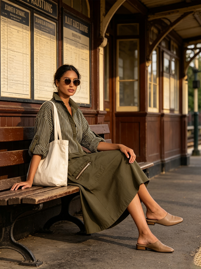 Color‑Block Stripe Patch Pocket Utility Shirt Midi Dress