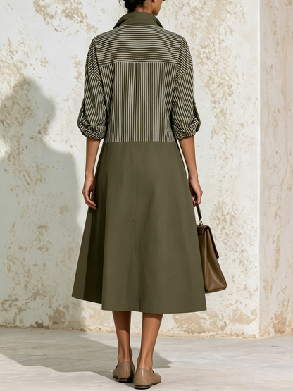 Color‑Block Stripe Patch Pocket Utility Shirt Midi Dress