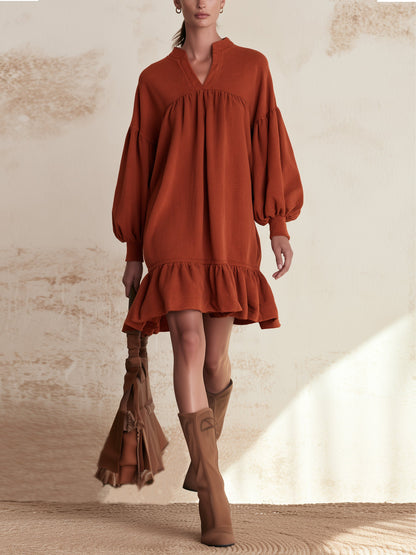 Rust Orange Ruffle Mini Dress