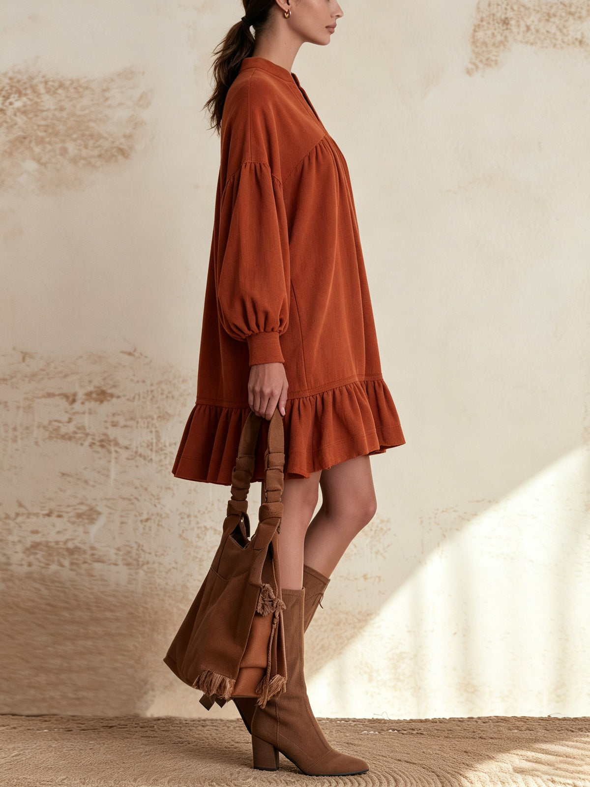 Rust Orange Ruffle Mini Dress