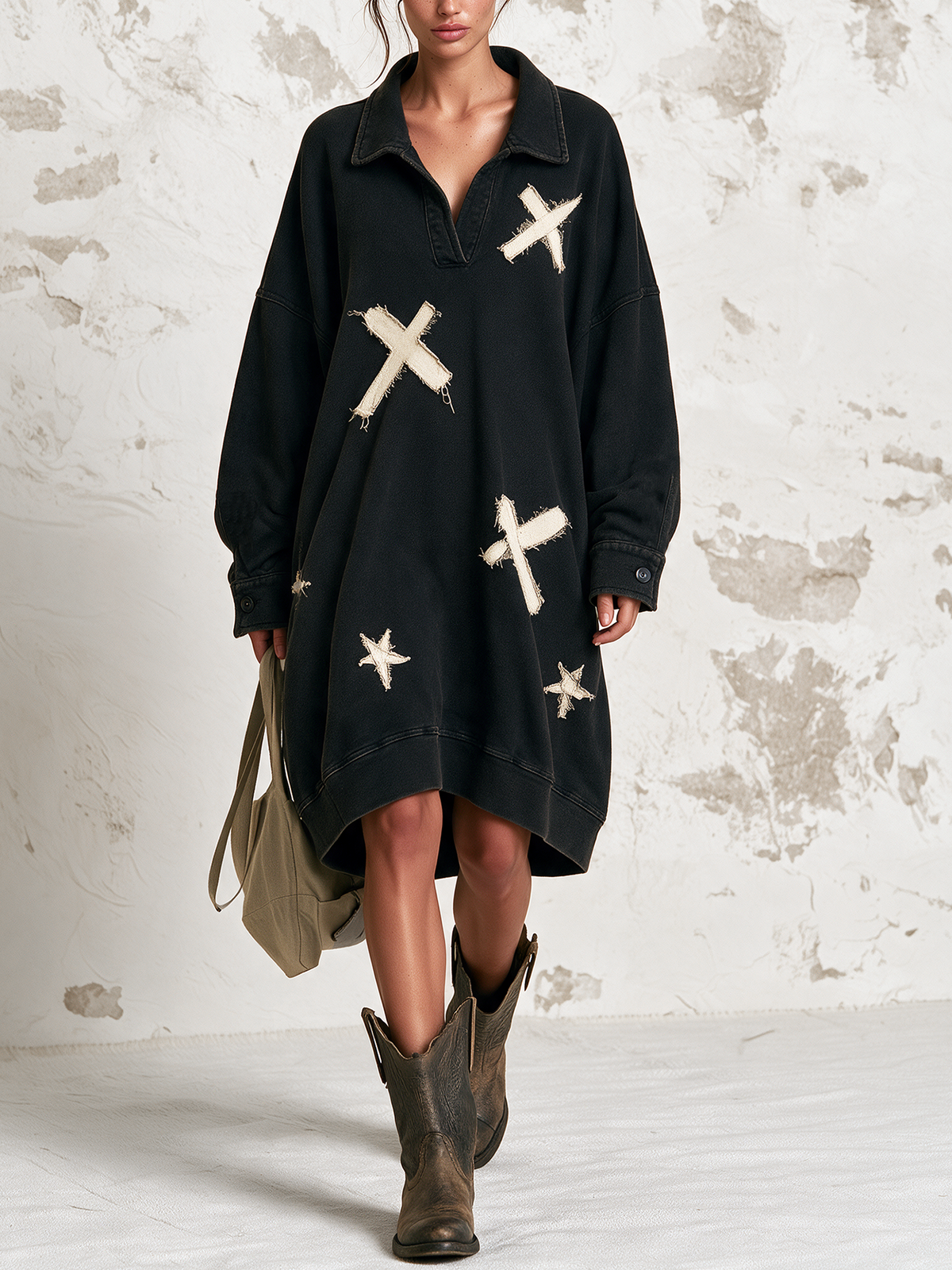 Frayed Patchwork Star Cross Polo Collar Oversized Sweatshirt Dress
