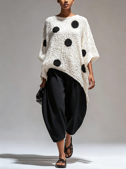 Women’s Oversized Textured Polka Dot Tunic Top – Minimalist Black & White Casual Chic Blouse
