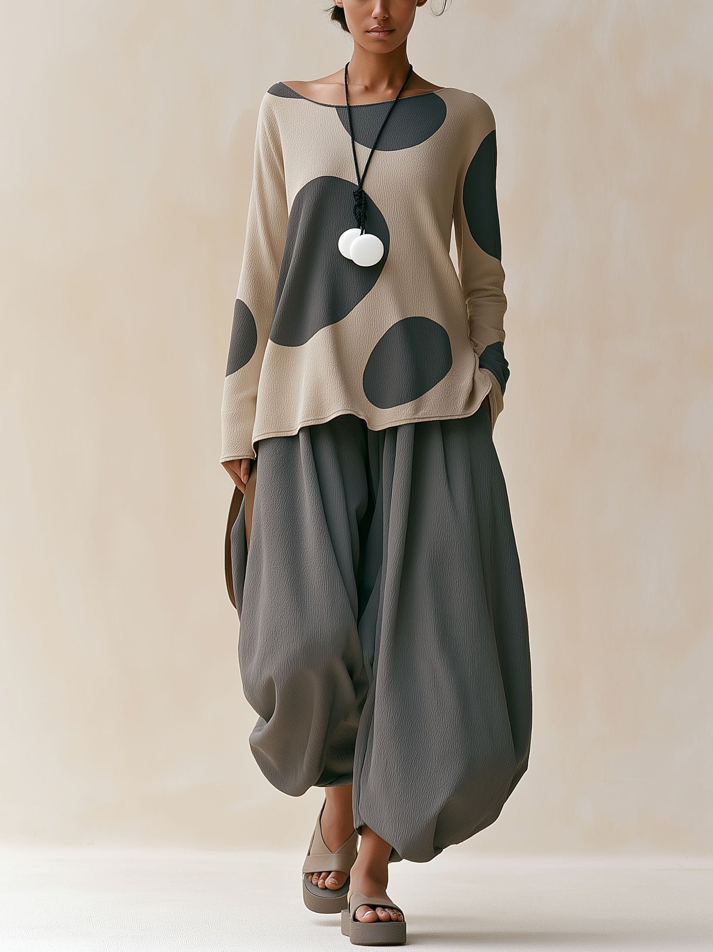 Polka Dot Loose Top & Balloon Harem Pants 2‑Piece Linen‑Blend Set