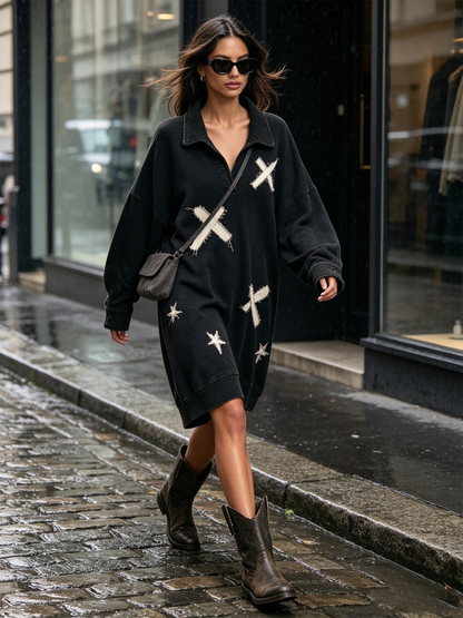 Frayed Patchwork Star Cross Polo Collar Oversized Sweatshirt Dress