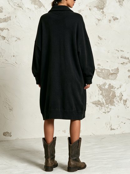 Frayed Patchwork Star Cross Polo Collar Oversized Sweatshirt Dress