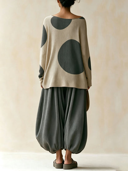 Polka Dot Loose Top & Balloon Harem Pants 2‑Piece Linen‑Blend Set