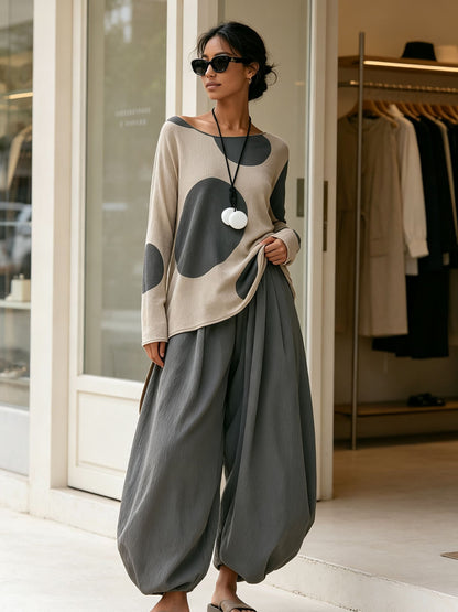 Polka Dot Loose Top & Balloon Harem Pants 2‑Piece Linen‑Blend Set