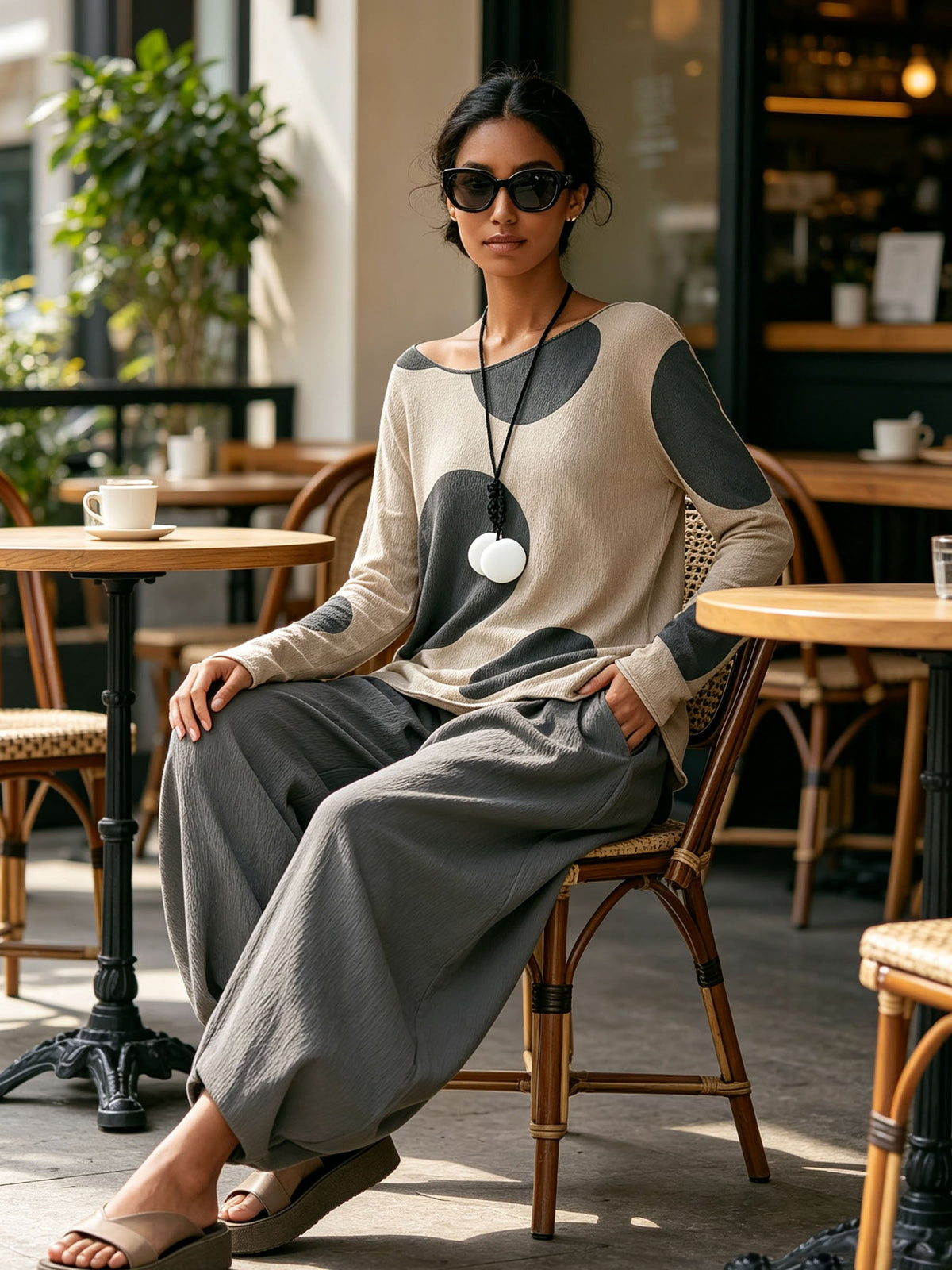 Polka Dot Loose Top & Balloon Harem Pants 2‑Piece Linen‑Blend Set