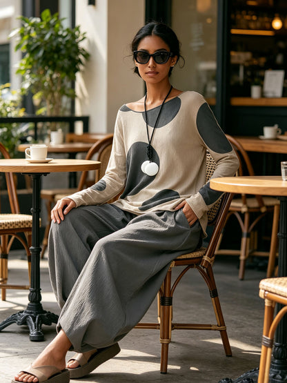 Polka Dot Loose Top & Balloon Harem Pants 2‑Piece Linen‑Blend Set