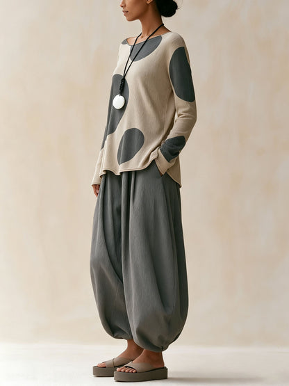 Polka Dot Loose Top & Balloon Harem Pants 2‑Piece Linen‑Blend Set