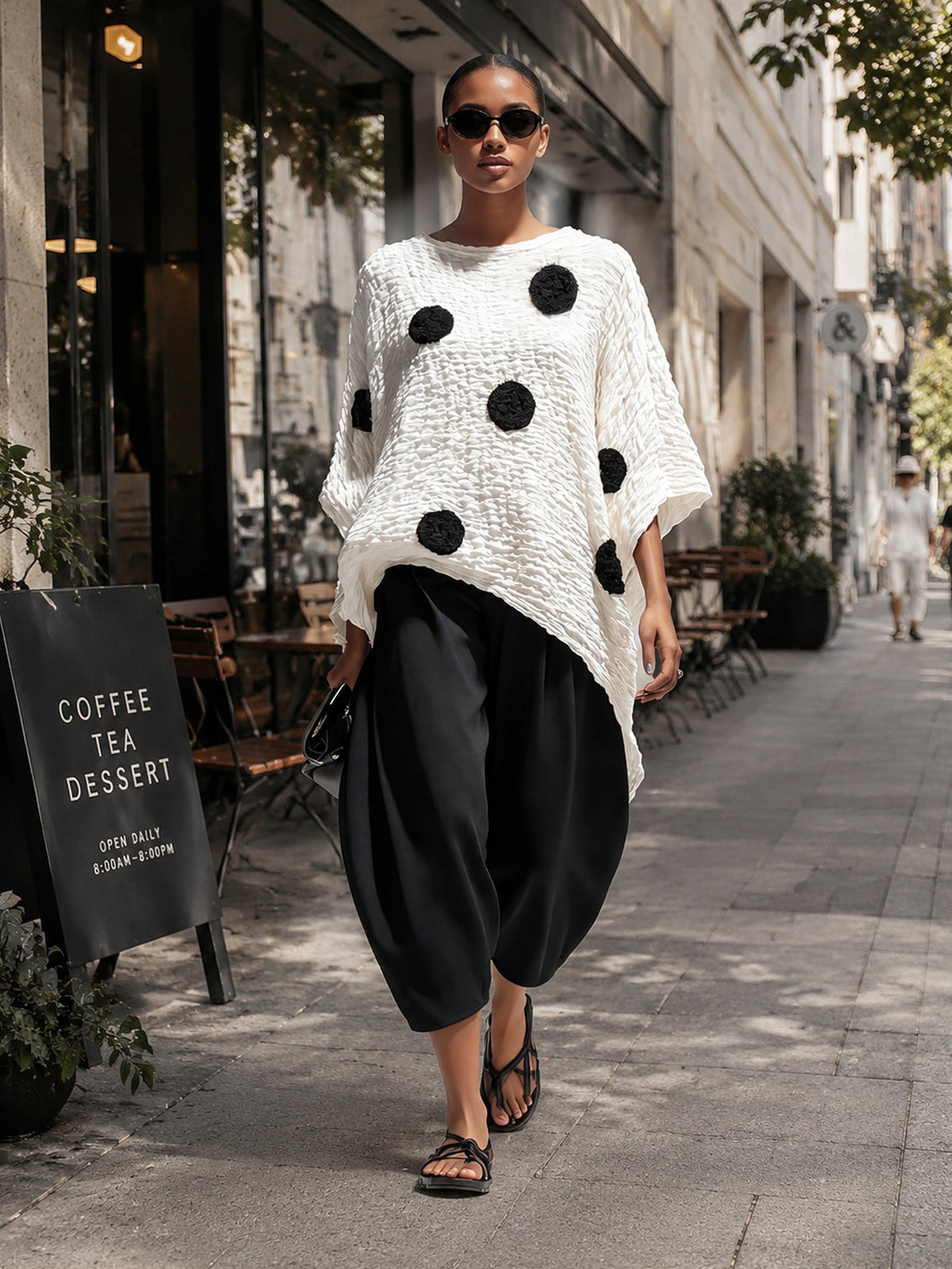 Women’s Oversized Textured Polka Dot Tunic Top – Minimalist Black & White Casual Chic Blouse