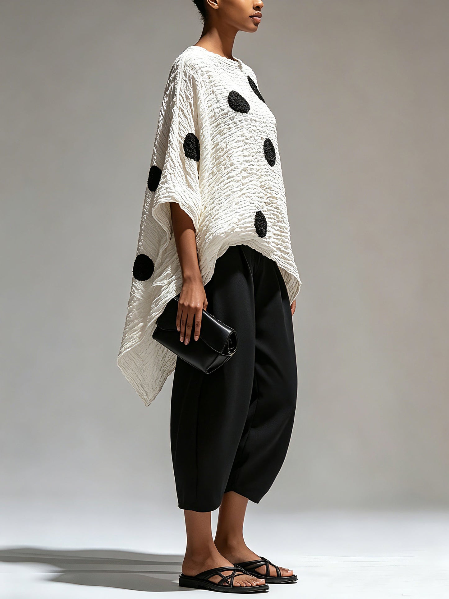 Women’s Oversized Textured Polka Dot Tunic Top – Minimalist Black & White Casual Chic Blouse