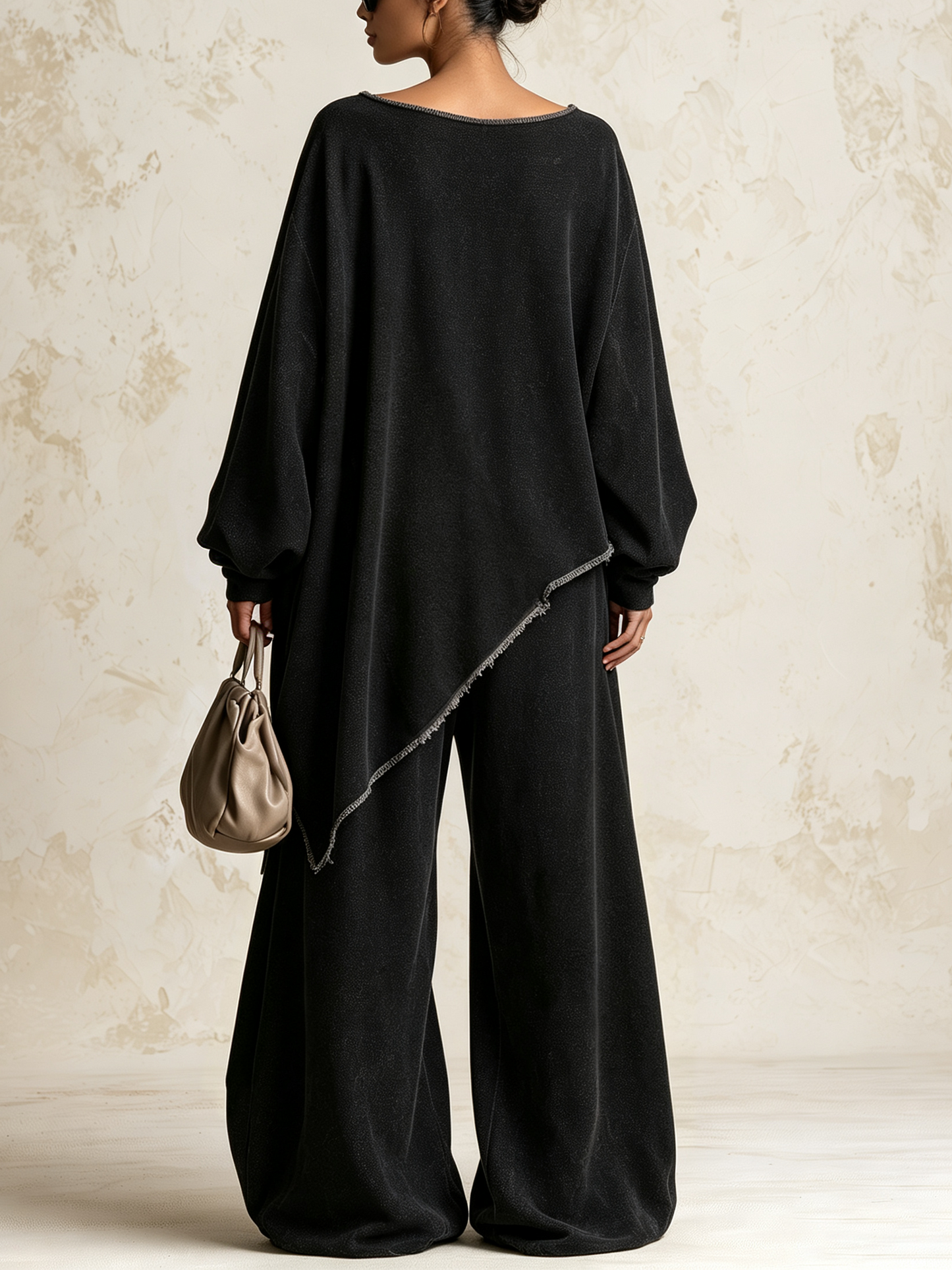 Raw‑Edge Patchwork Oversized Top & Wide‑Leg Pants Two‑Piece Set