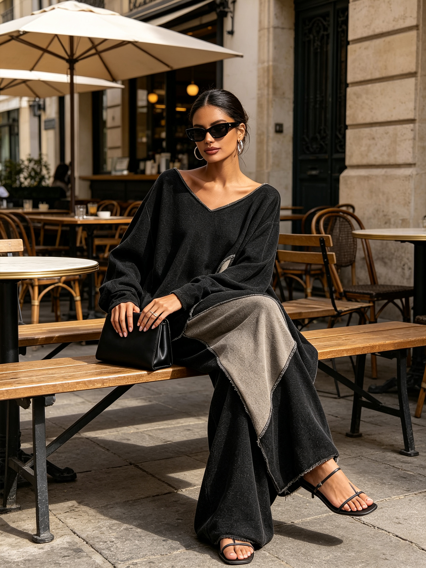 Raw‑Edge Patchwork Oversized Top & Wide‑Leg Pants Two‑Piece Set