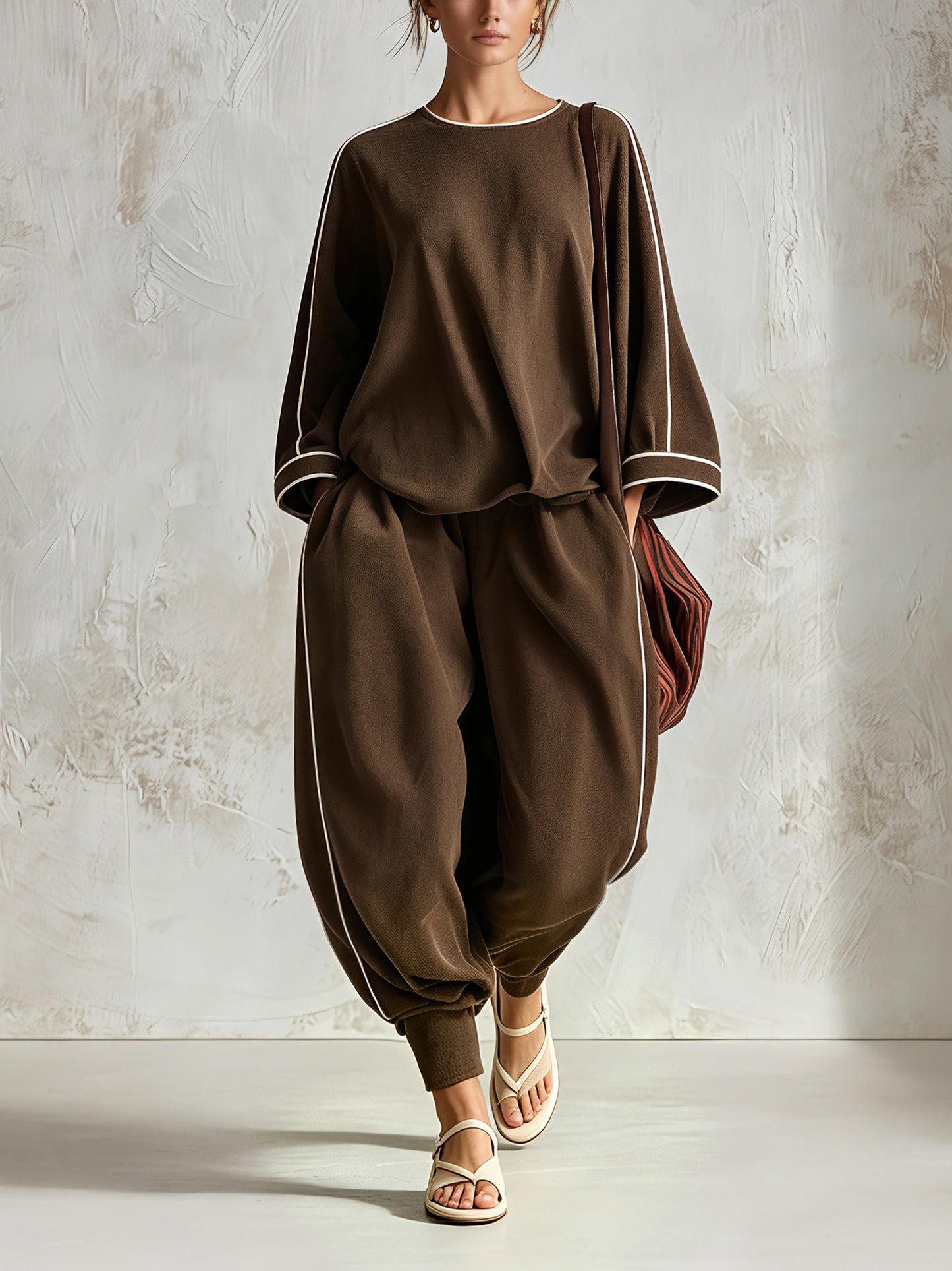 Womens Brown Relaxed Two Piece Set with Contrast Trim