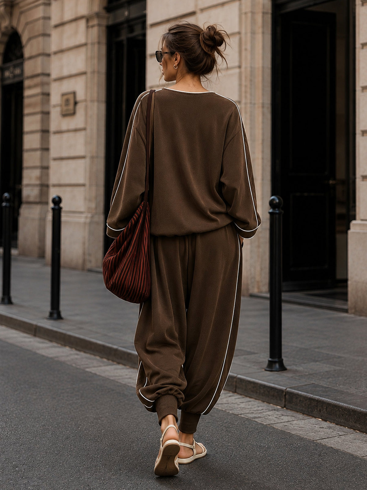 Womens Brown Relaxed Two Piece Set with Contrast Trim