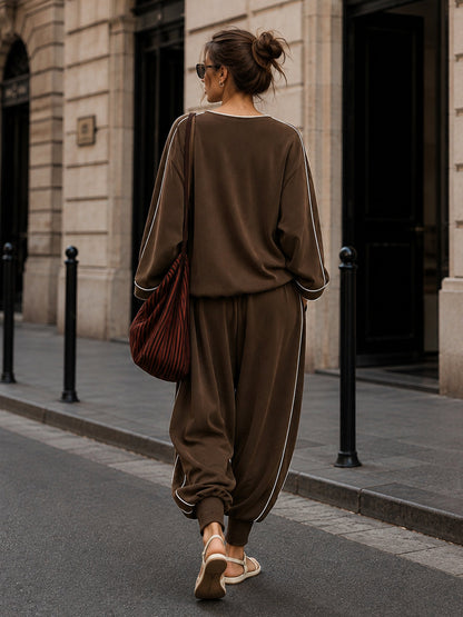 Womens Brown Relaxed Two Piece Set with Contrast Trim